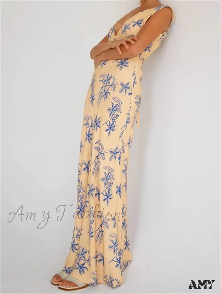 Amy Fashion - Vintage Women  Sleeveless V-neck Backless Flower Print Summer for Vacation Party Female Vestidos
