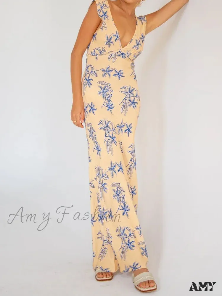 Amy Fashion - Vintage Women  Sleeveless V-neck Backless Flower Print Summer for Vacation Party Female Vestidos