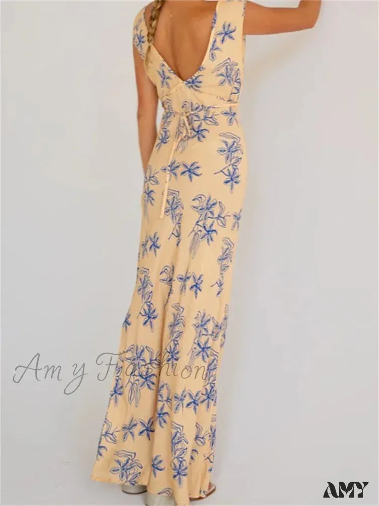 Amy Fashion - Vintage Women  Sleeveless V-neck Backless Flower Print Summer for Vacation Party Female Vestidos