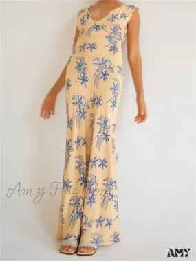Amy Fashion - Vintage Women  Sleeveless V-neck Backless Flower Print Summer for Vacation Party Female Vestidos