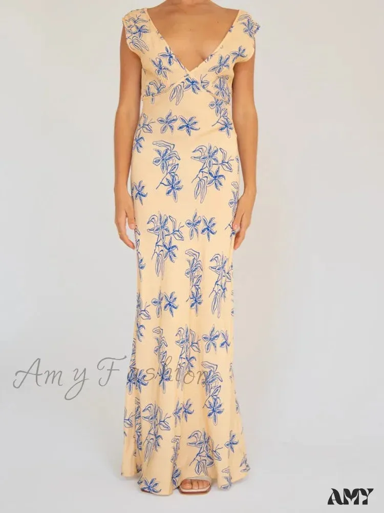 Amy Fashion - Vintage Women  Sleeveless V-neck Backless Flower Print Summer for Vacation Party Female Vestidos
