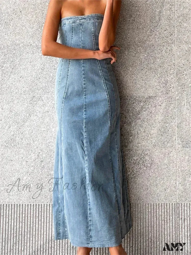 Amy Fashion - Women Tube  Strapless Backless Denim Back Zip Up Summer Side Split Club Party Female Vestidos