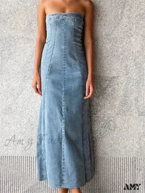 Amy Fashion - Women Tube  Strapless Backless Denim Back Zip Up Summer Side Split Club Party Female Vestidos