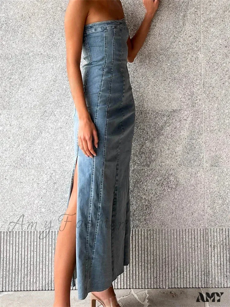 Amy Fashion - Women Tube  Strapless Backless Denim Back Zip Up Summer Side Split Club Party Female Vestidos