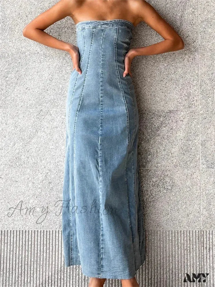 Amy Fashion - Women Tube  Strapless Backless Denim Back Zip Up Summer Side Split Club Party Female Vestidos