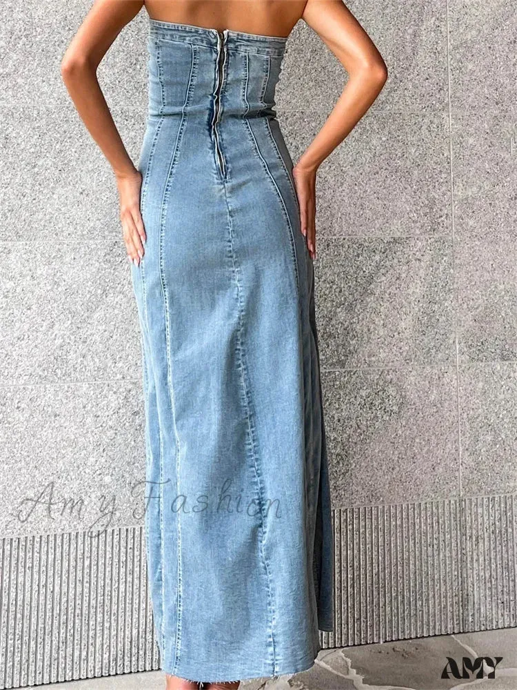 Amy Fashion - Women Tube  Strapless Backless Denim Back Zip Up Summer Side Split Club Party Female Vestidos