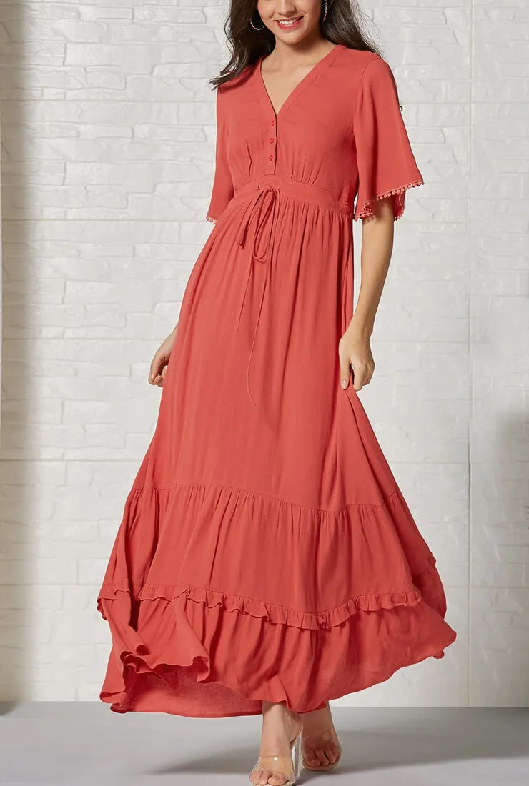 Bohemian V-neck Ruffled Red Maxi Dress