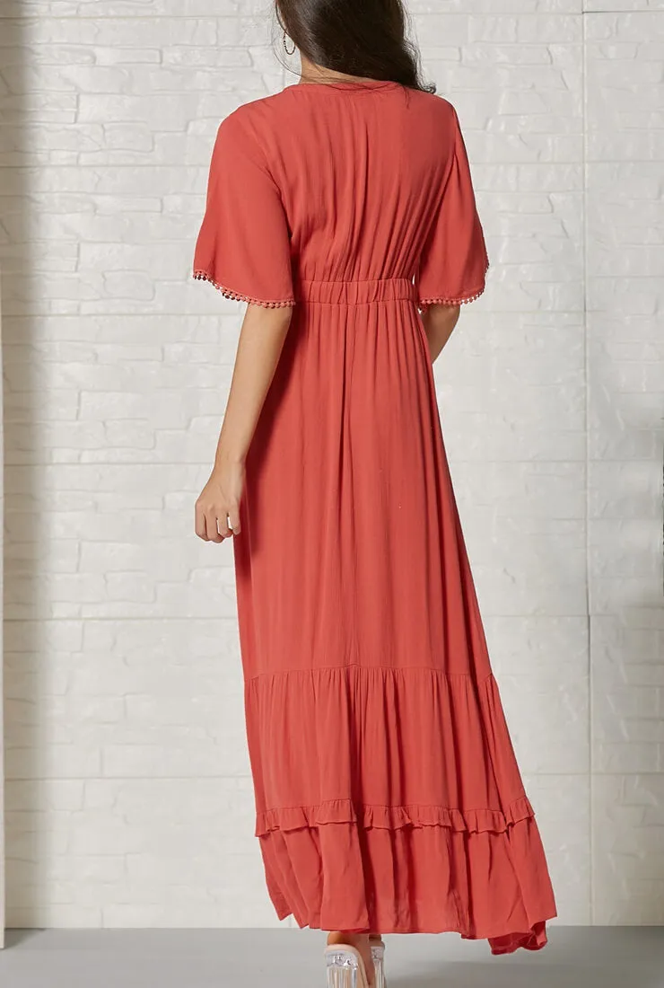 Bohemian V-neck Ruffled Red Maxi Dress