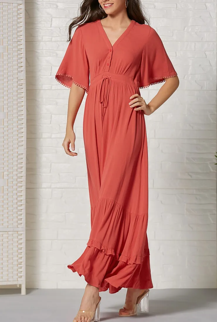 Bohemian V-neck Ruffled Red Maxi Dress