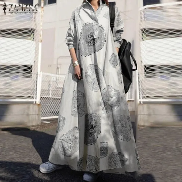 Vintage Button Shirt Dress Long Sleeve Maxi  Dress for Women